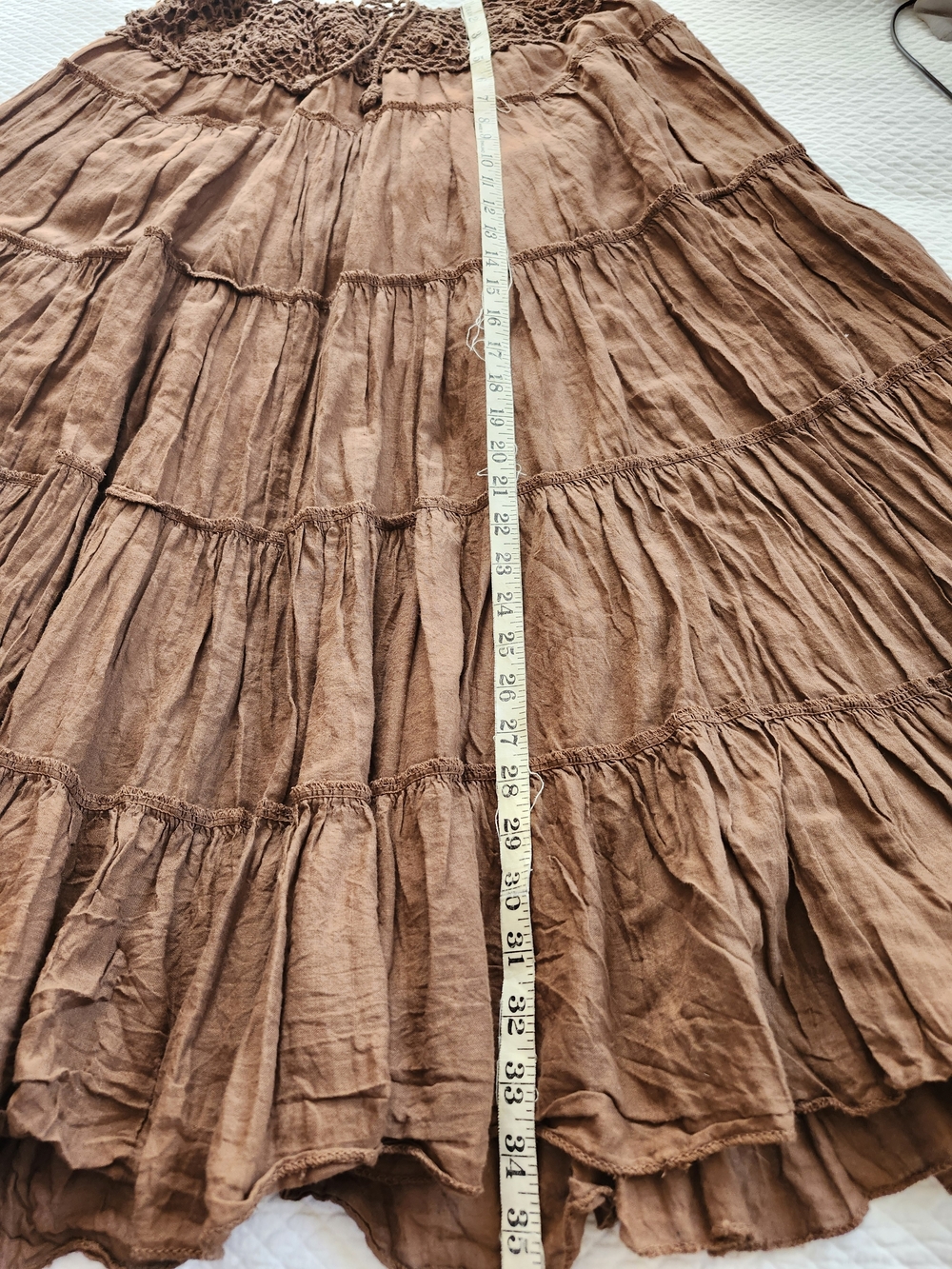 Boho Tiered Crinkle Midi Maxi Skirt with Crochet Waistband | Brown - Picture 6 of 7